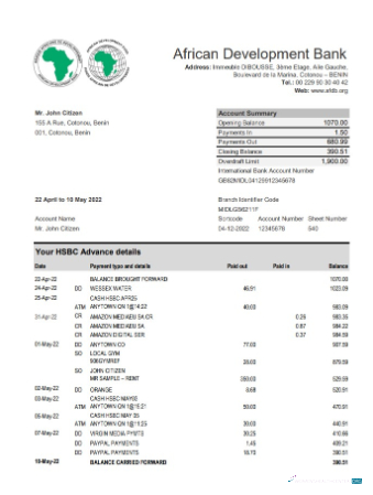 Download Benin African Development bank statement excel Photoshop template